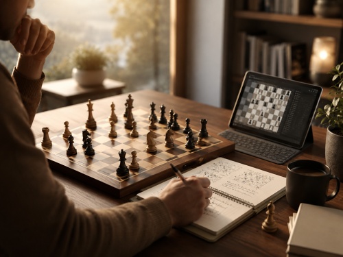 Joueur adulte qui travaille les échecs avec méthode devant un échiquier