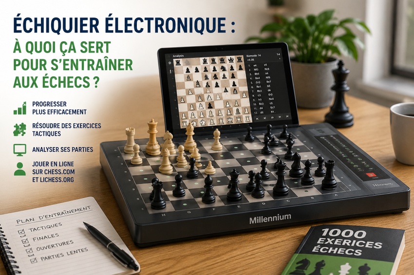 Joueur s’entraînant aux échecs sur un échiquier électronique avec ordinateur ou plateforme en ligne