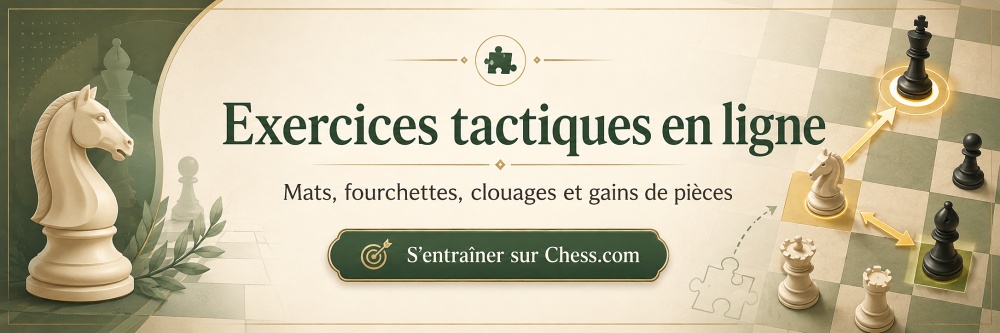 Exercices tactiques en ligne aux échecs avec mats, fourchettes, clouages et gains de pièces