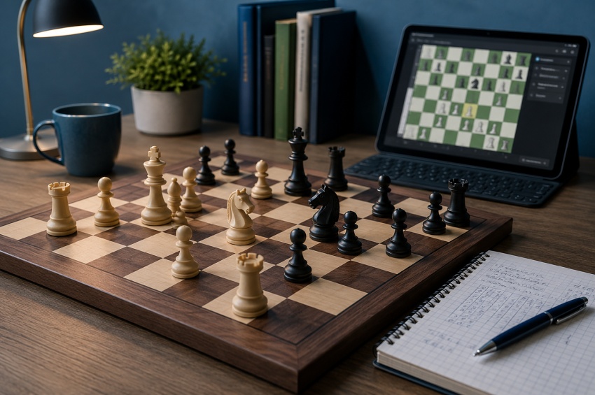Joueur qui résout des puzzles d’échecs avec un échiquier, un carnet et des exercices tactiques