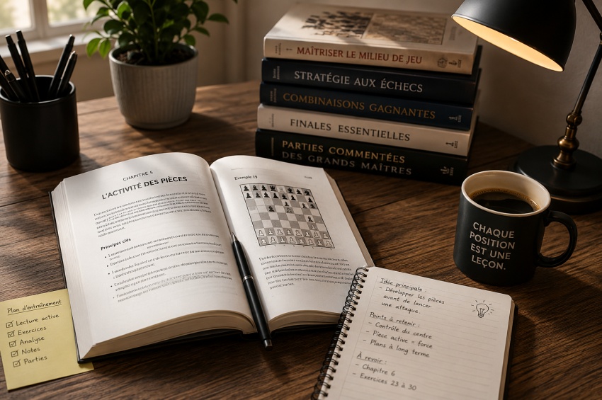 Livre d’échecs ouvert, carnet de notes et ambiance studieuse pour travailler les échecs