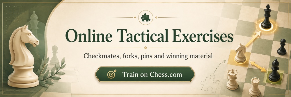 Online chess tactical exercises with checkmates, forks, pins and piece-winning combinations