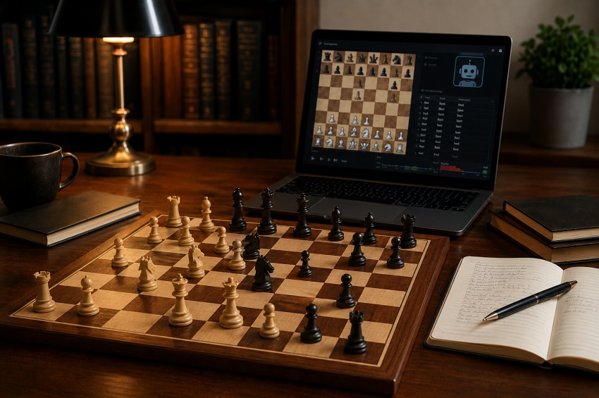 Échiquier et ordinateur pour jouer aux échecs contre une intelligence artificielle