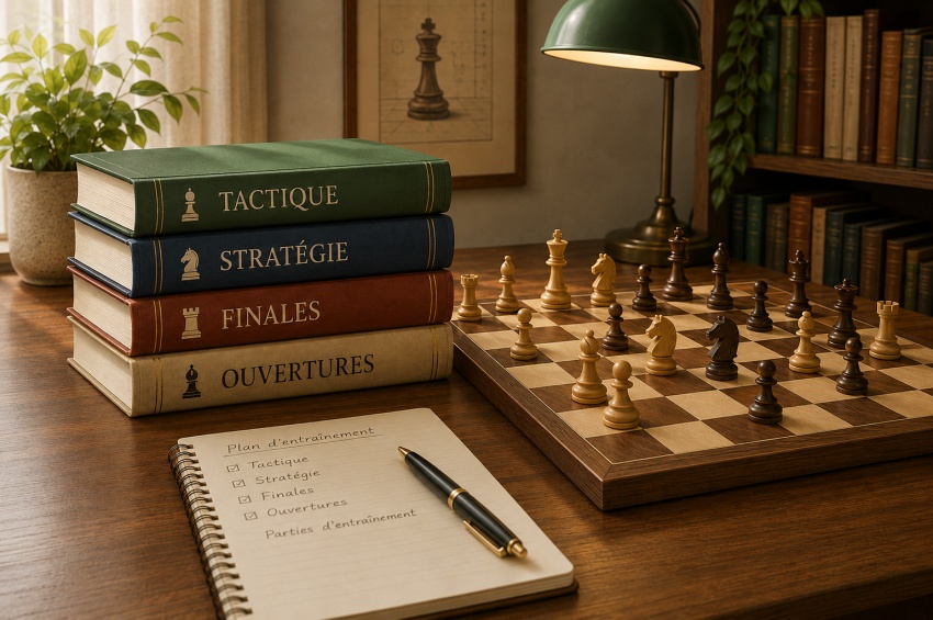 Sélection de livres d’échecs, échiquier et carnet de notes pour progresser