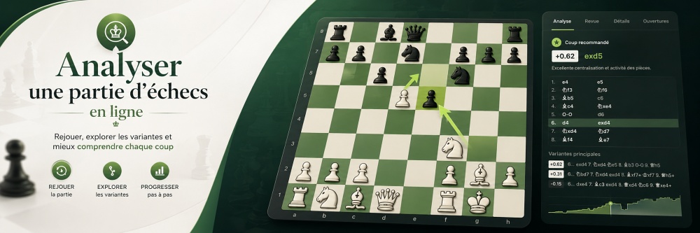 Analyse de parties d’échecs en ligne avec échiquier, variantes et coups recommandés
